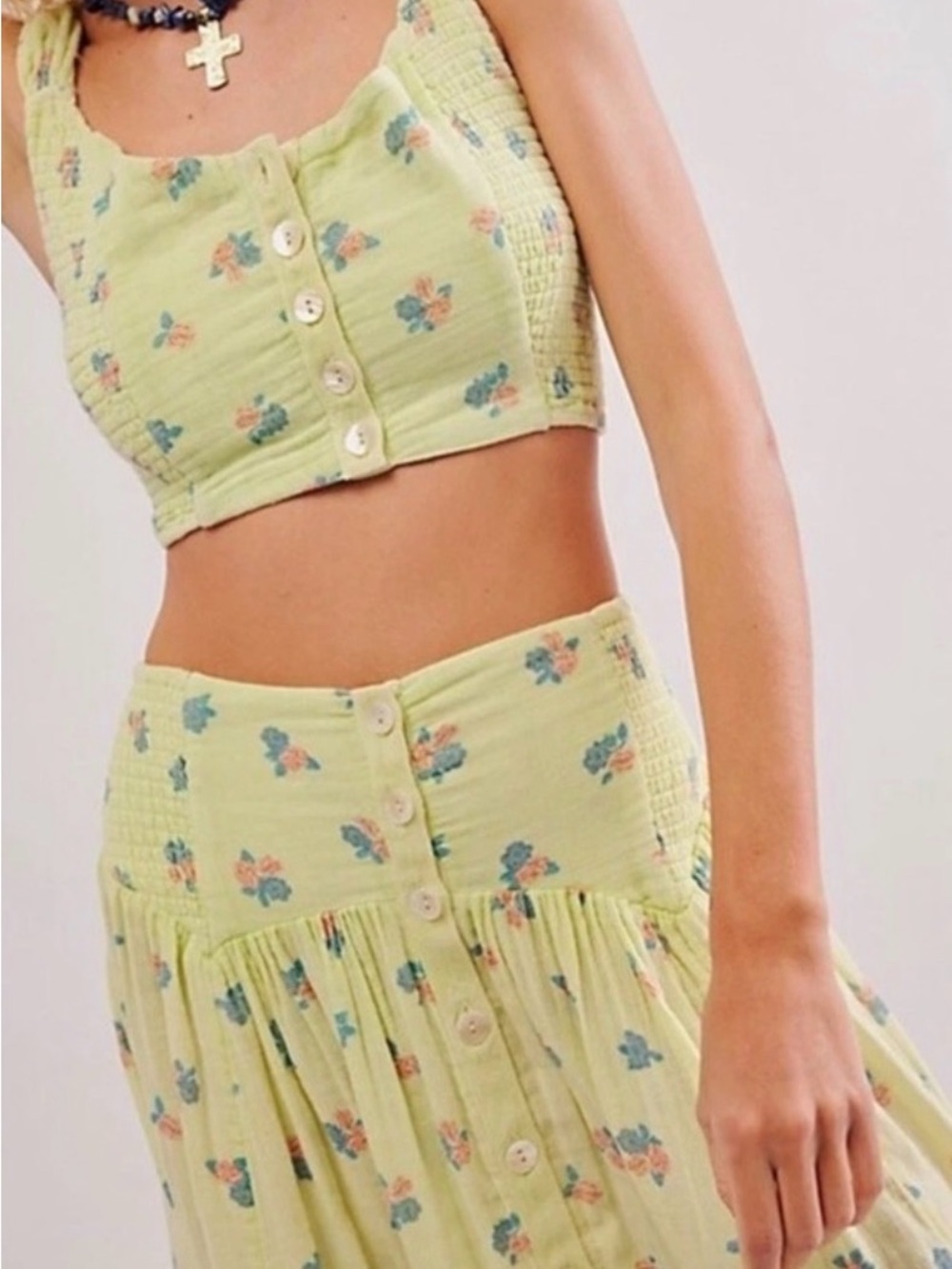 Free People Light Green Floral Button-Front Skirt Set